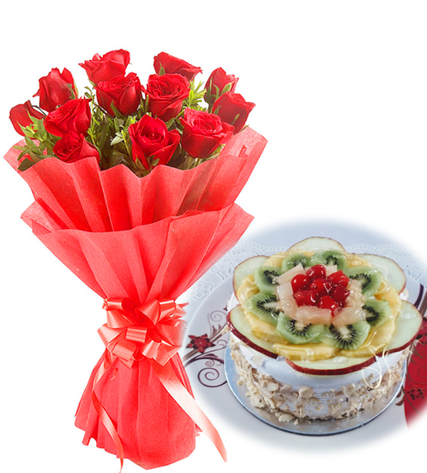 Red Roses & Fruit Cake delivery in Noida