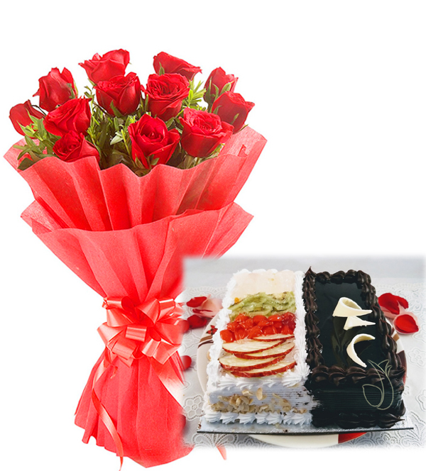 Red Roses & 2 in 1 Cake delivery in Jalandhar
