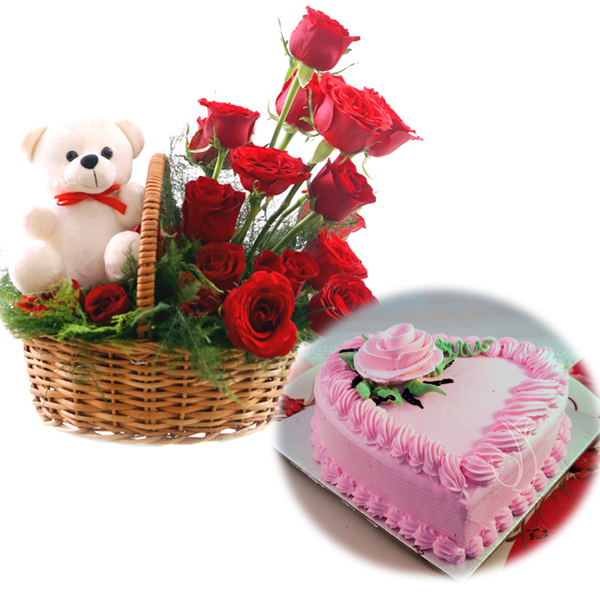 Rose Basket & Heartshape Strawberry Cake delivery in Manipal