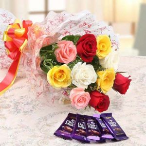 Mix Roses Bunch & Dairy Milk Chocolate delivery in Noida