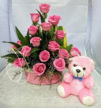 Pink Rose Basket & Small Teddy (Only For Delhi)