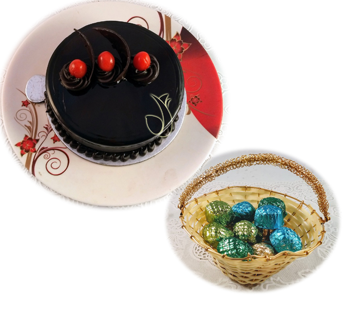 Dark Chocolate Cake & Chocolates in Small Basket  (Only For Delhi)