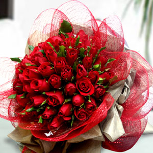 50 Red roses bunch with Net Packing