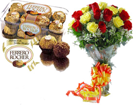 A bunch of 20 Roses with 16 pc Ferrero Rocher Chocolates.