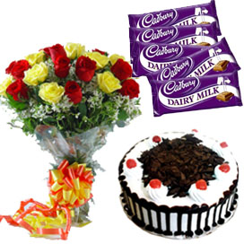 A 12 Mix Roses Bunch, 1/2 kg Black Forest Cake and 5 Dairy Milk Chocolates