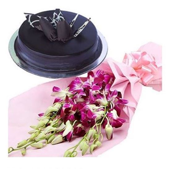 6 Orchids Bunch with 1/2kg Truffle Cake delivery in Bangalore