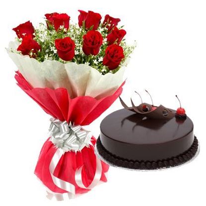 12 Red Roses in Red & white paper with 1/2kg Truffle Cake delivery in Noida