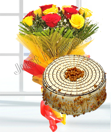 12 Red and Yellow Roses & 1/2 kg Buttersoctch Cake delivery in Noida
