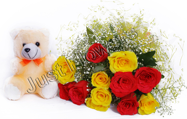12 Red & Yellow Roses with Small Teddy