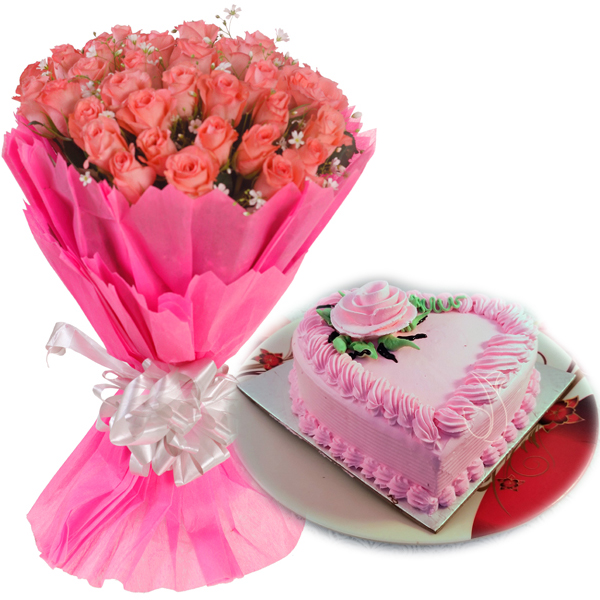 Pink Roses & HeartShape Strawberry Cake delivery in Delhi
