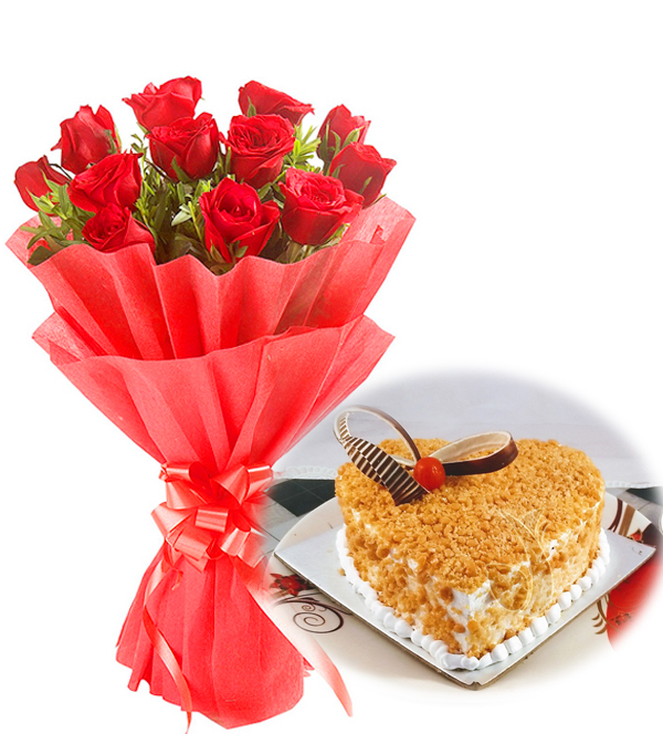 Red Roses & Heart Shape Butter Scotch Cake delivery in Jalandhar