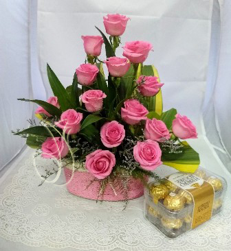 Pink Rose Basket & Box of Rocher (Only For Delhi)