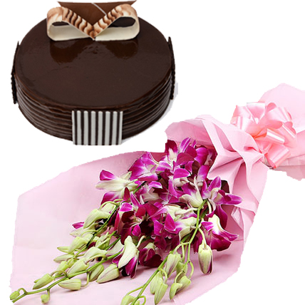 Orchids Bunch & Chocolate Truffle Cake