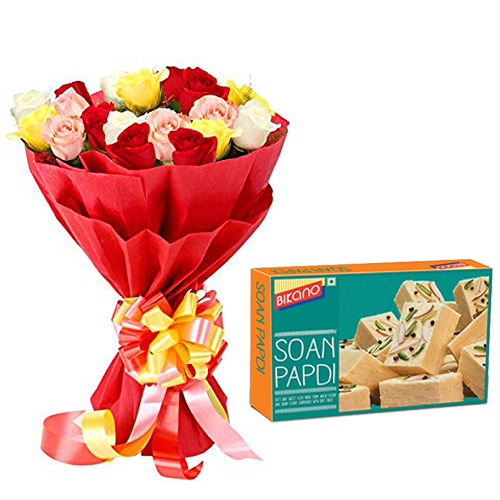 Bunch of Roses in Paper Packing & 500Gm Soanpapdi