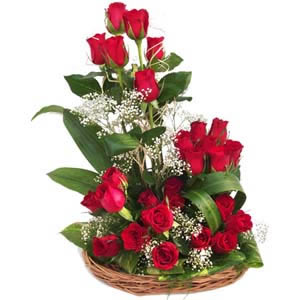 25 Red Roses arranged in a Basket