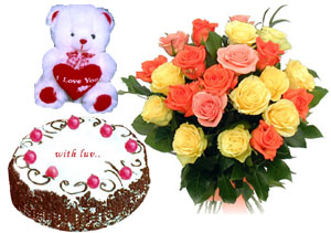 A bunch of 15 mix color roses with 1 kg Cake and a cute Teddy